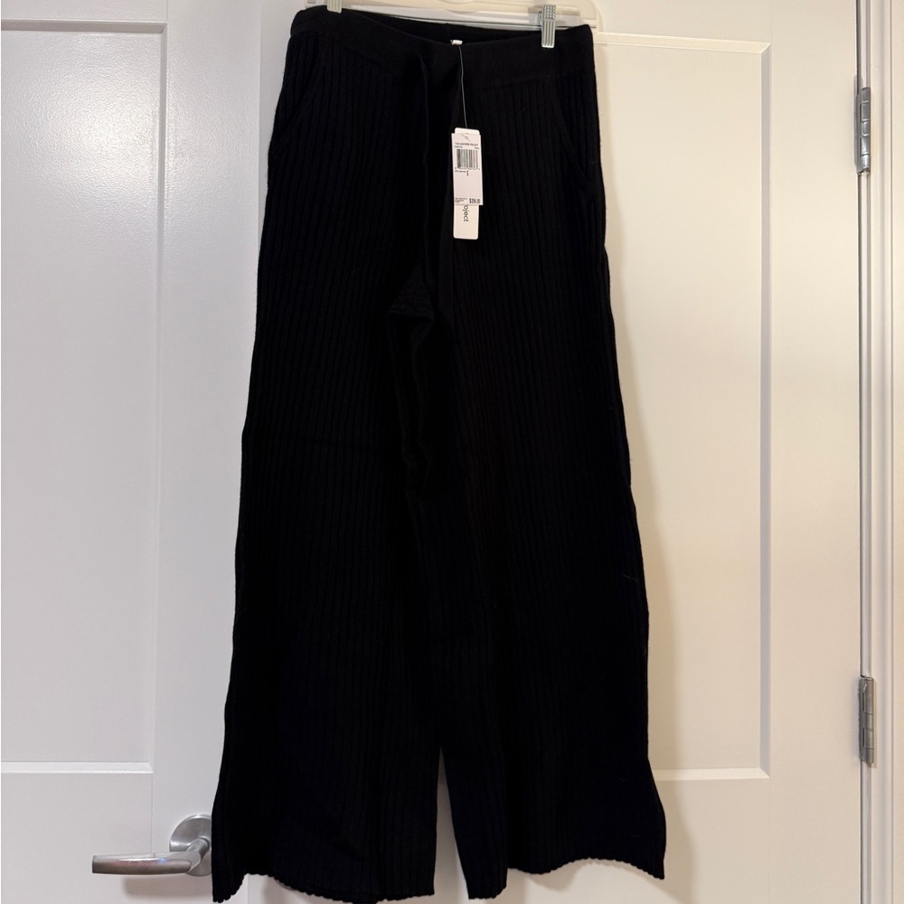 100% Cashmere Black Ribbed Wide-Leg Pants